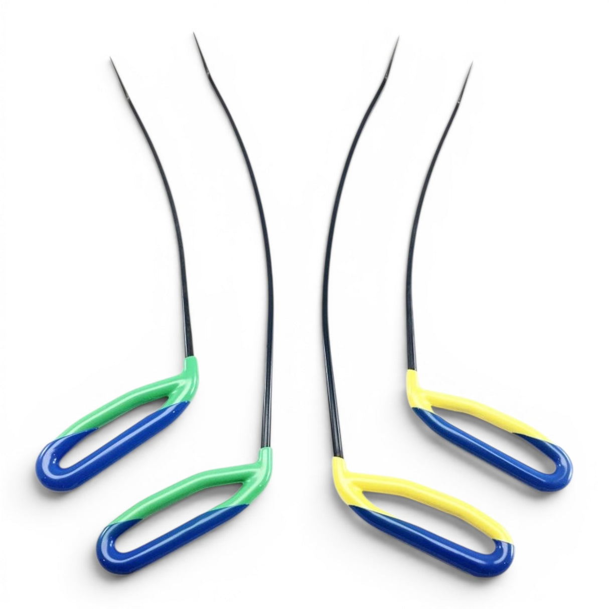 Anson PDR 4-piece set of 5/16 inch diameter fixed handle PDR tools with arched brace tips. Two tools have green and blue handles, two have yellow and blue handles.