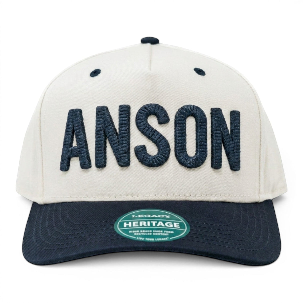 Anson PDR America 250th edition snapback hat in white with navy blue brim and puffy textured navy blue ANSON lettering.