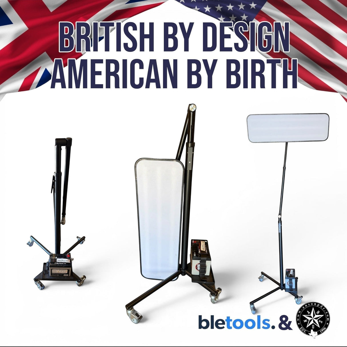 Anson PDR BLE Light Stand shown in collapsed, semi-extended, and fully extended positions with wheels and battery tray.