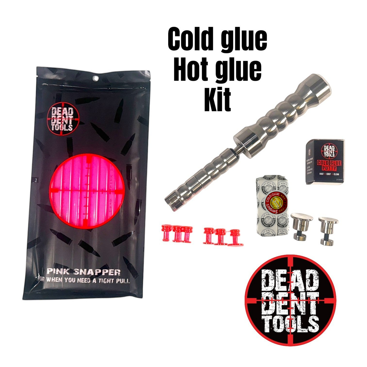 Anson PDR Dead Dent Tools cold and hot glue PDR kit with slide hammer, glue sticks, putty, and assorted pulling tabs.