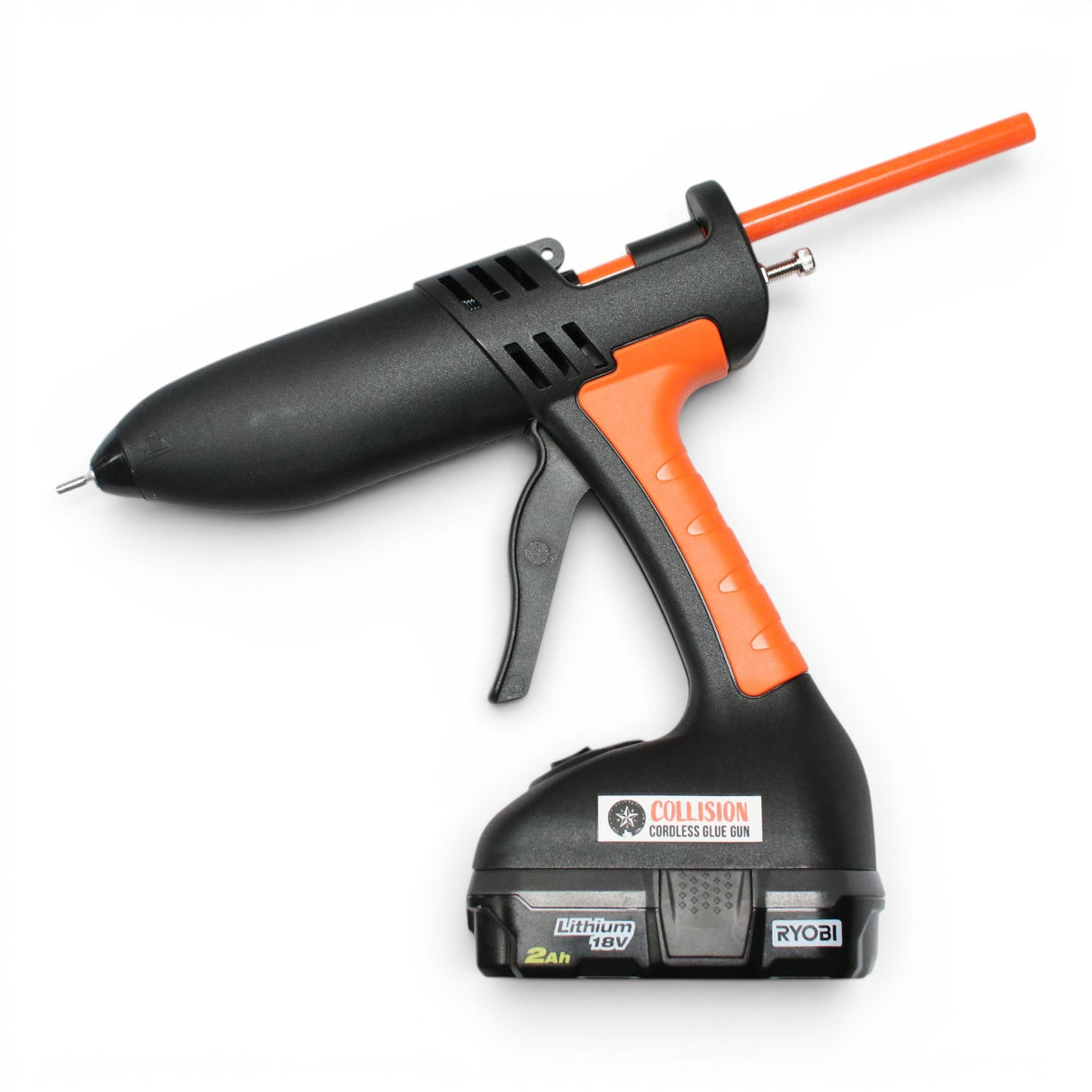 Anson PDR cordless collision glue gun with black and orange body, dual temperature settings, and Ryobi 18V battery.