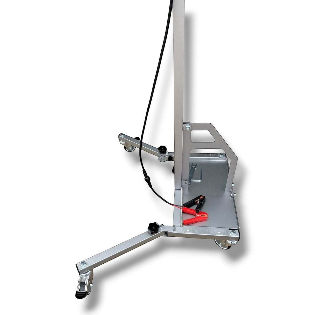 Anson PDR Econo PDR Light Stand with adjustable aluminum legs, wheels, and battery tray. Features locking joints and a boom arm.