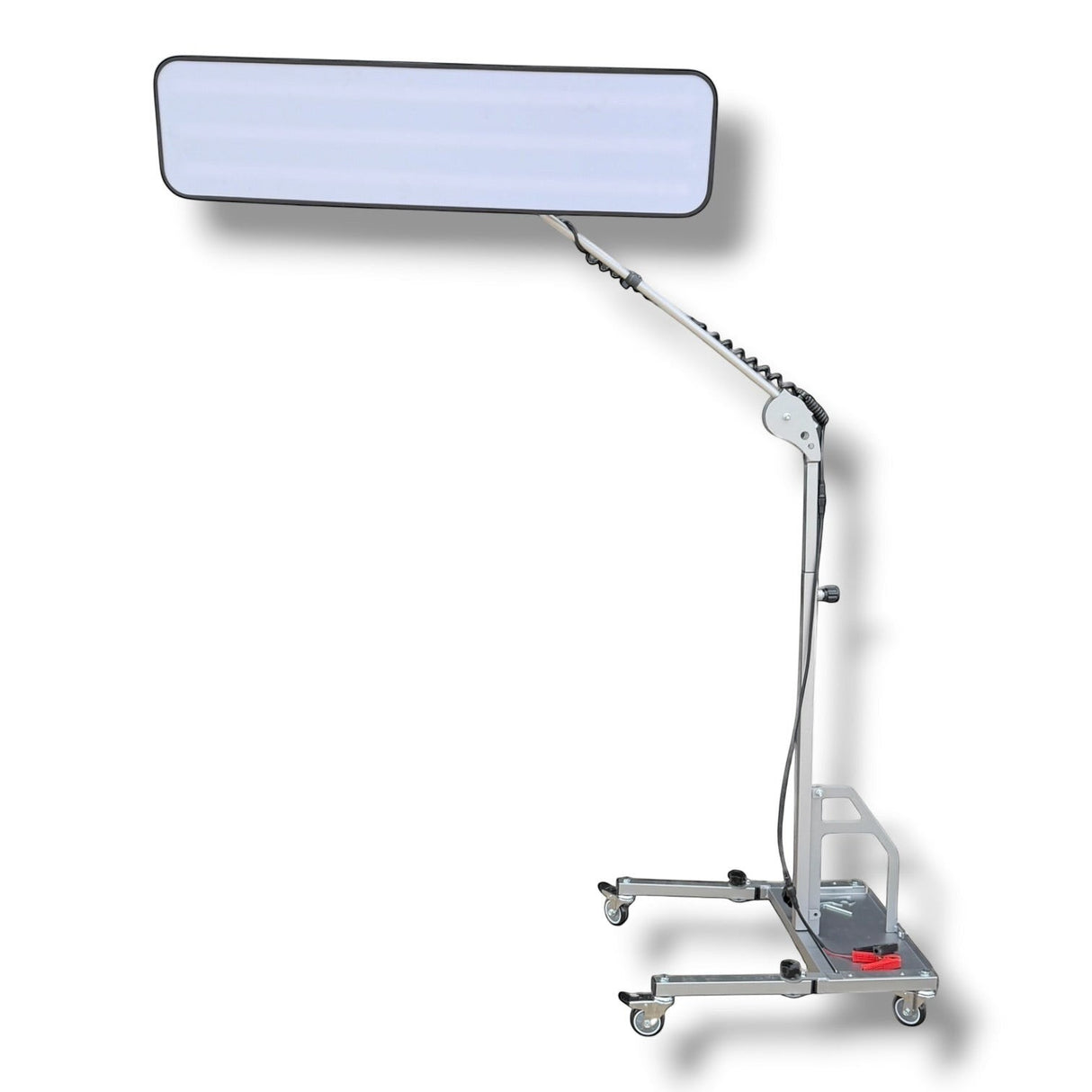 Anson PDR Econo Light Stand with adjustable boom and wheels, 4-9ft height, aluminum construction. Shown with Elimadent X-Factor 38" light