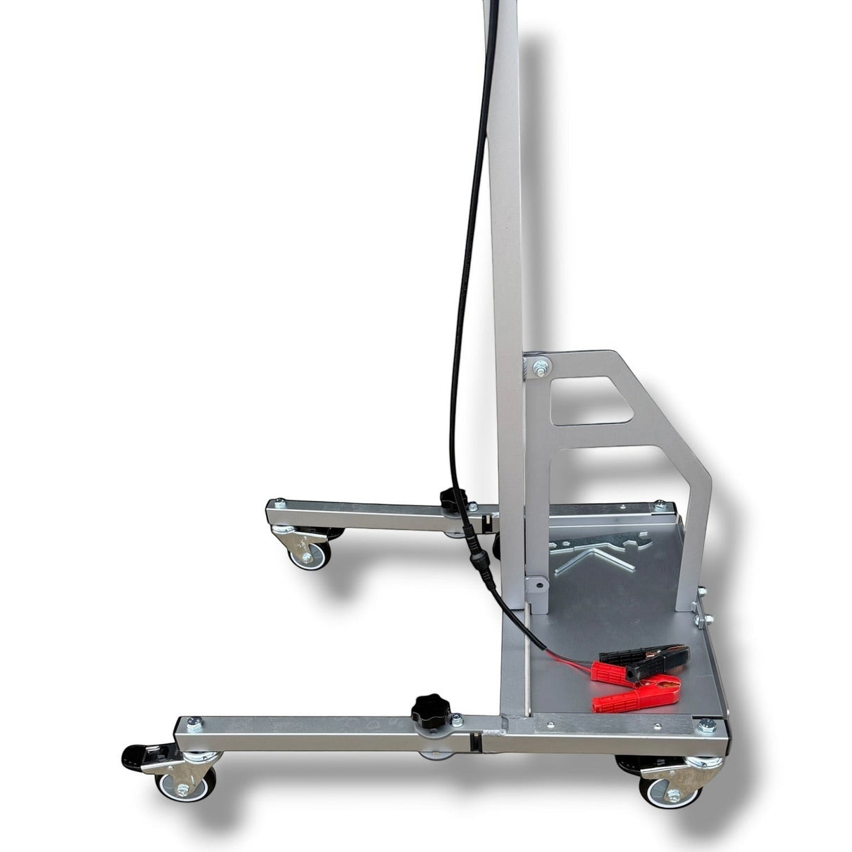 Anson PDR Econo Light Stand with wheels, battery tray, and adjustable boom. Silver aluminum construction.