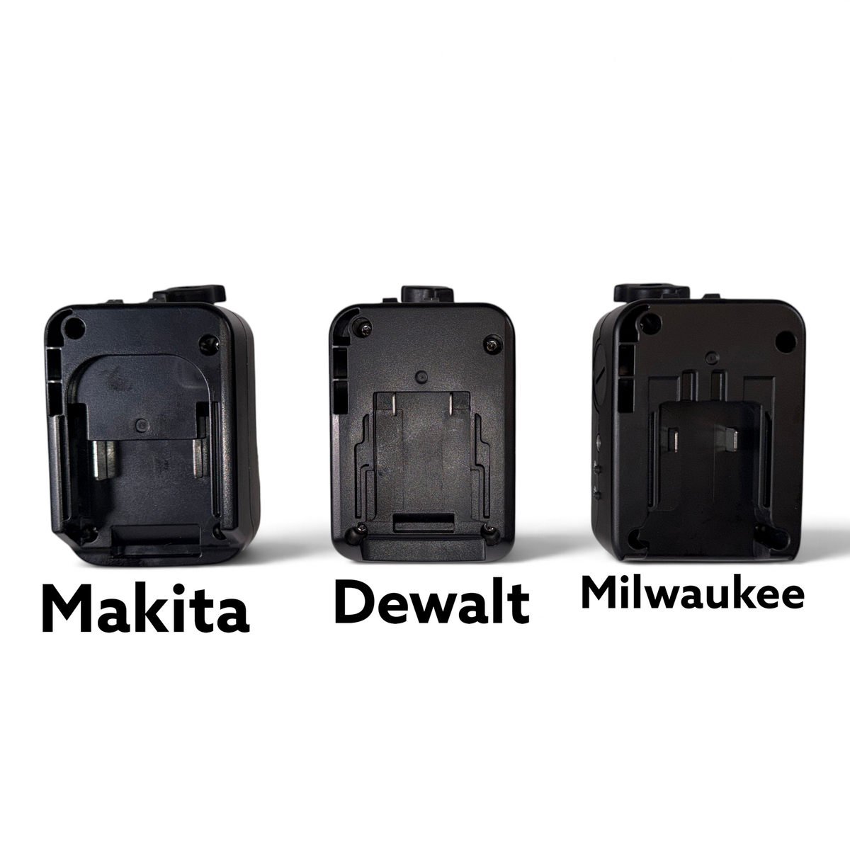 Anson PDR Elimadent BOB battery adapters for Milwaukee, Makita, and Dewalt power tools on a white background