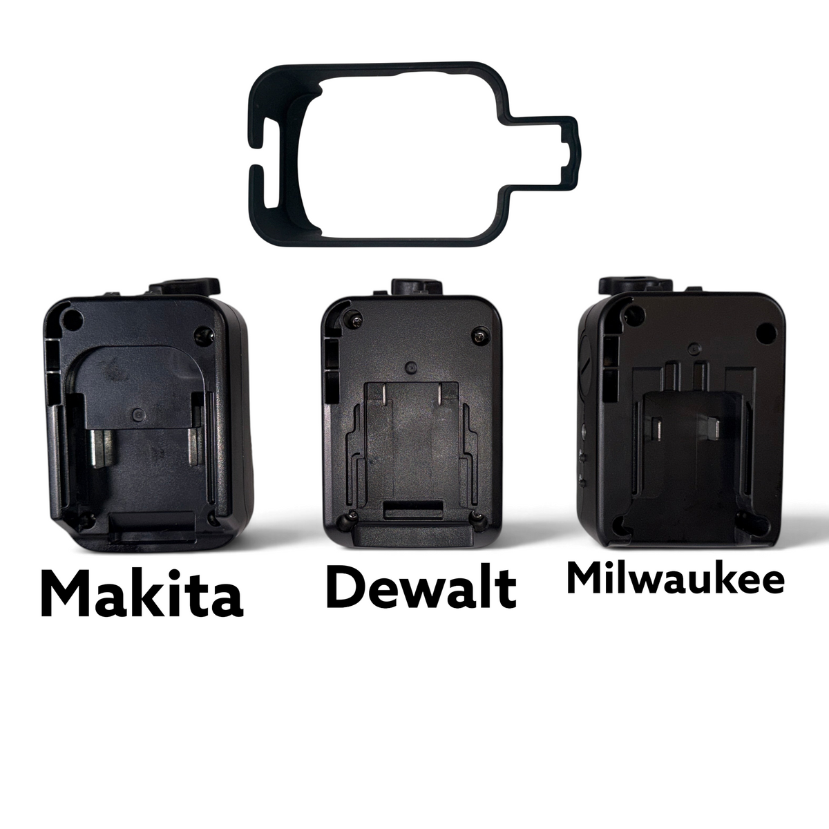 Anson PDR Elimadent BOB battery adapters for Milwaukee, Makita, and Dewalt power tools on a white background