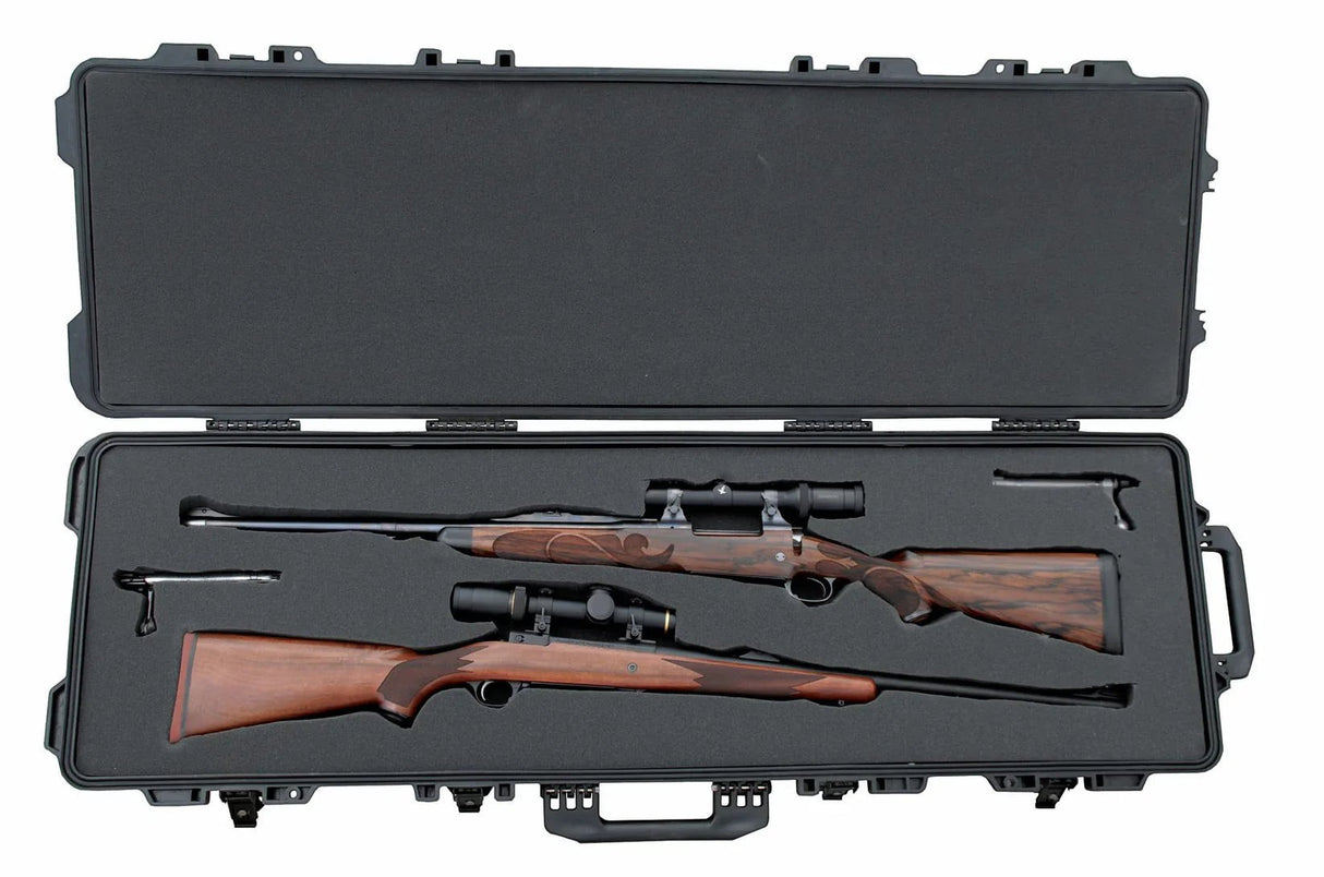 Anson PDR Hail Case with two scoped rifles, black polypropylene, custom foam interior, TSA-approved.