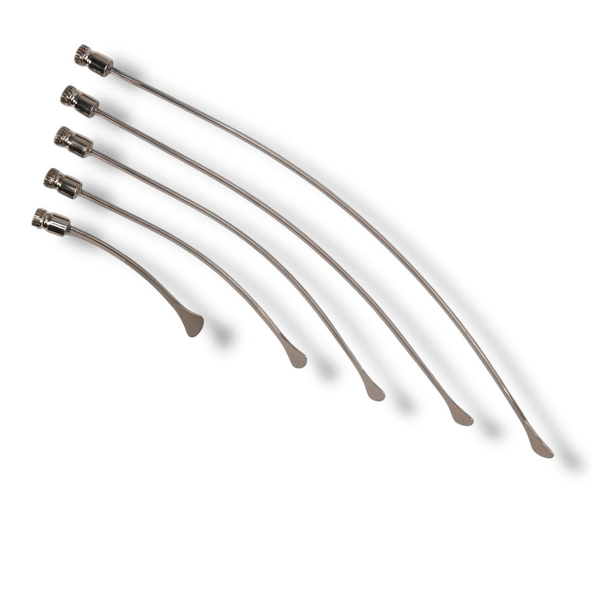 Anson PDR Rattlesnake 1 1/4" tail set with compact hub handles. Five metal PDR rods with curved whale tails.
