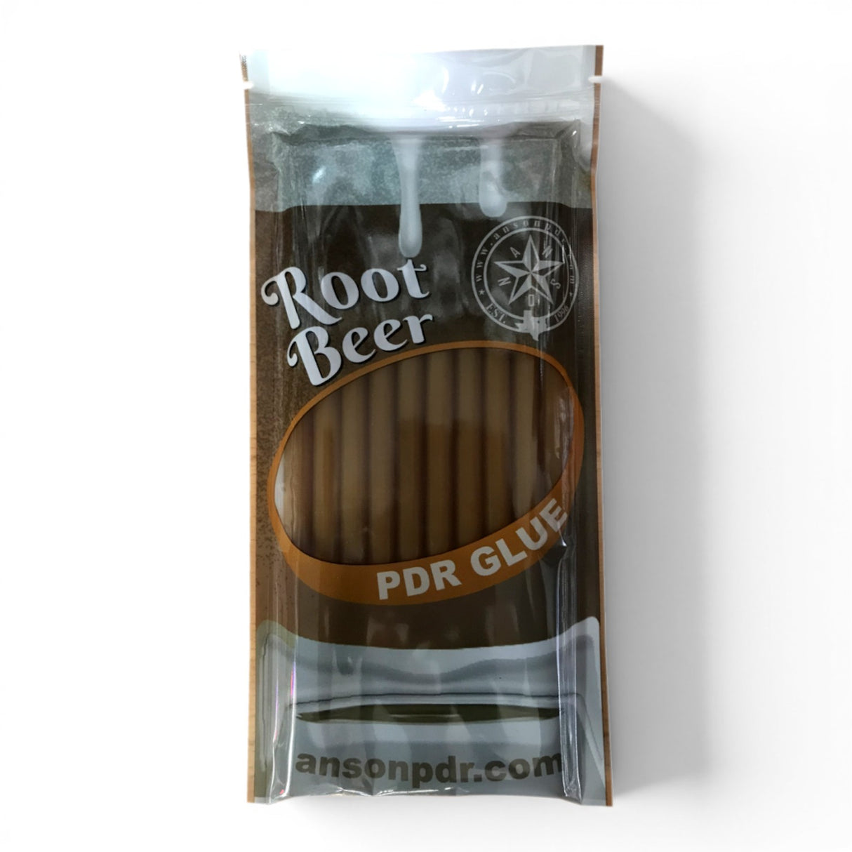 Anson PDR Root Beer Hot PDR Glue sticks for dent repair in hot weather. Clear packaging shows brown glue sticks.