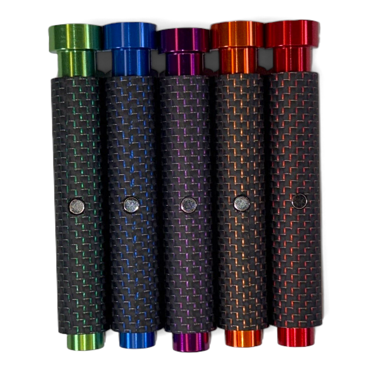 Anson PDR Dent Vision ShockBlocker X4 carbon fiber knockdowns in green, blue, purple, orange, and red with magnets.