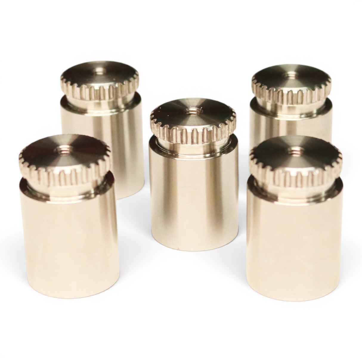 Anson PDR 5 pack stainless steel indexing hubs with threaded tops and knurled edges. For tool conversion.