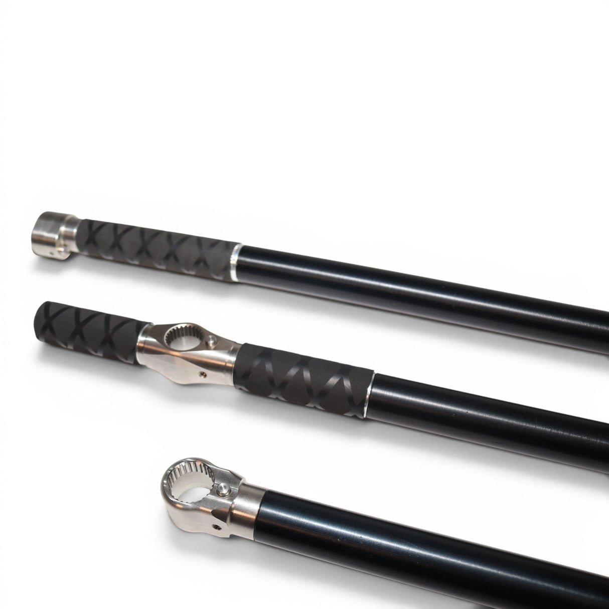 Anson PDR tactical extension handles in 12", 18", and 24" sizes with X grip and silver threaded ends.
