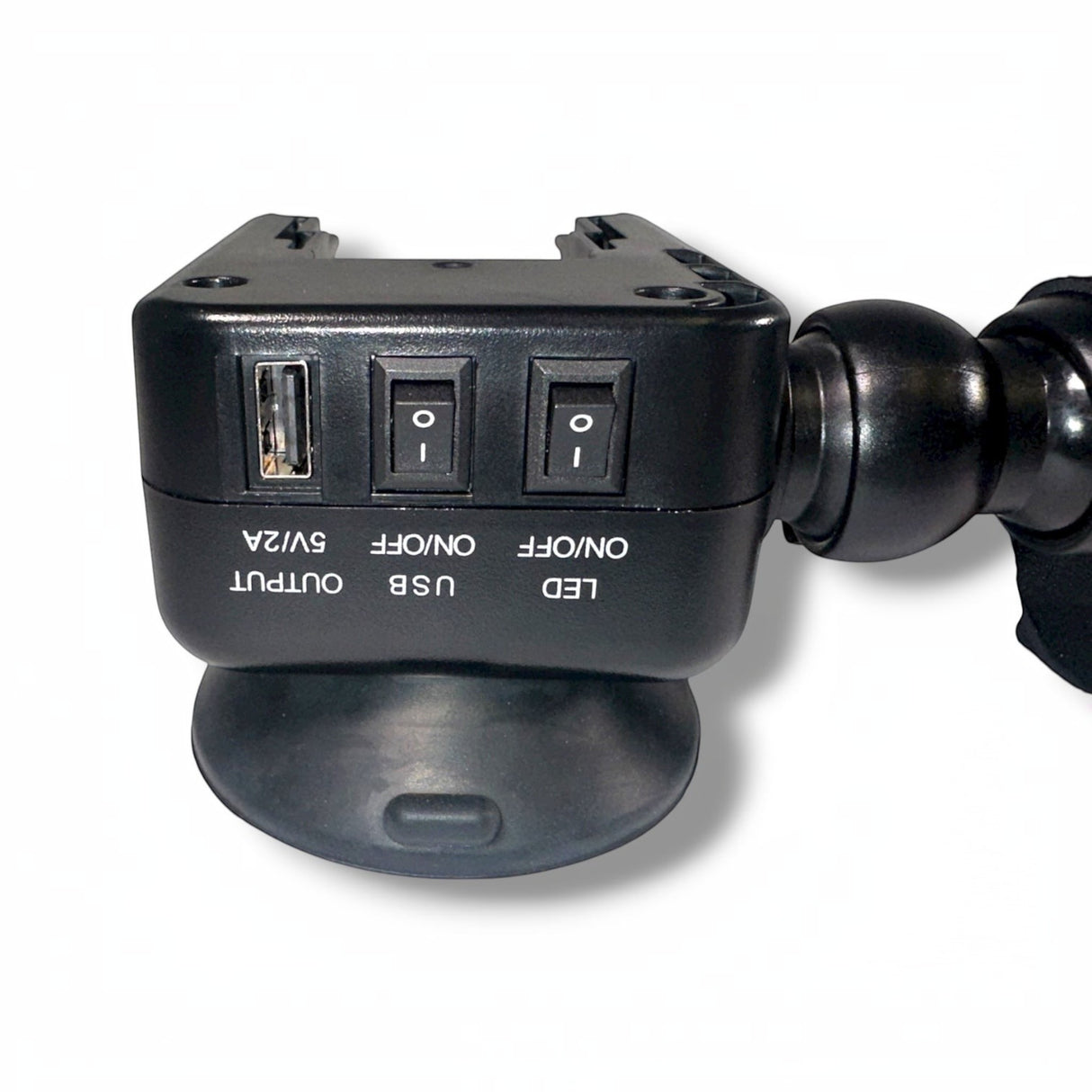 Anson PDR X-Factor Mini PDR light with USB output and LED on/off switches, black housing, and suction cup base.