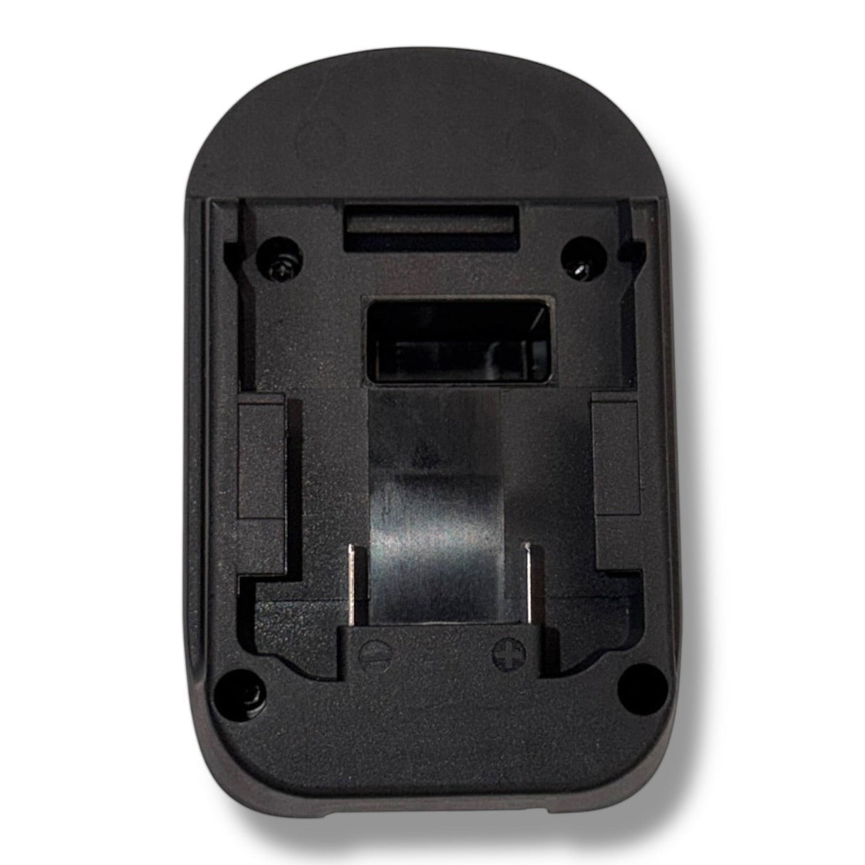 Anson PDR black plastic battery adapter with USB port for 20V MAX to 18V tools. Adapts Makita to either Milwaukee or Dewalt