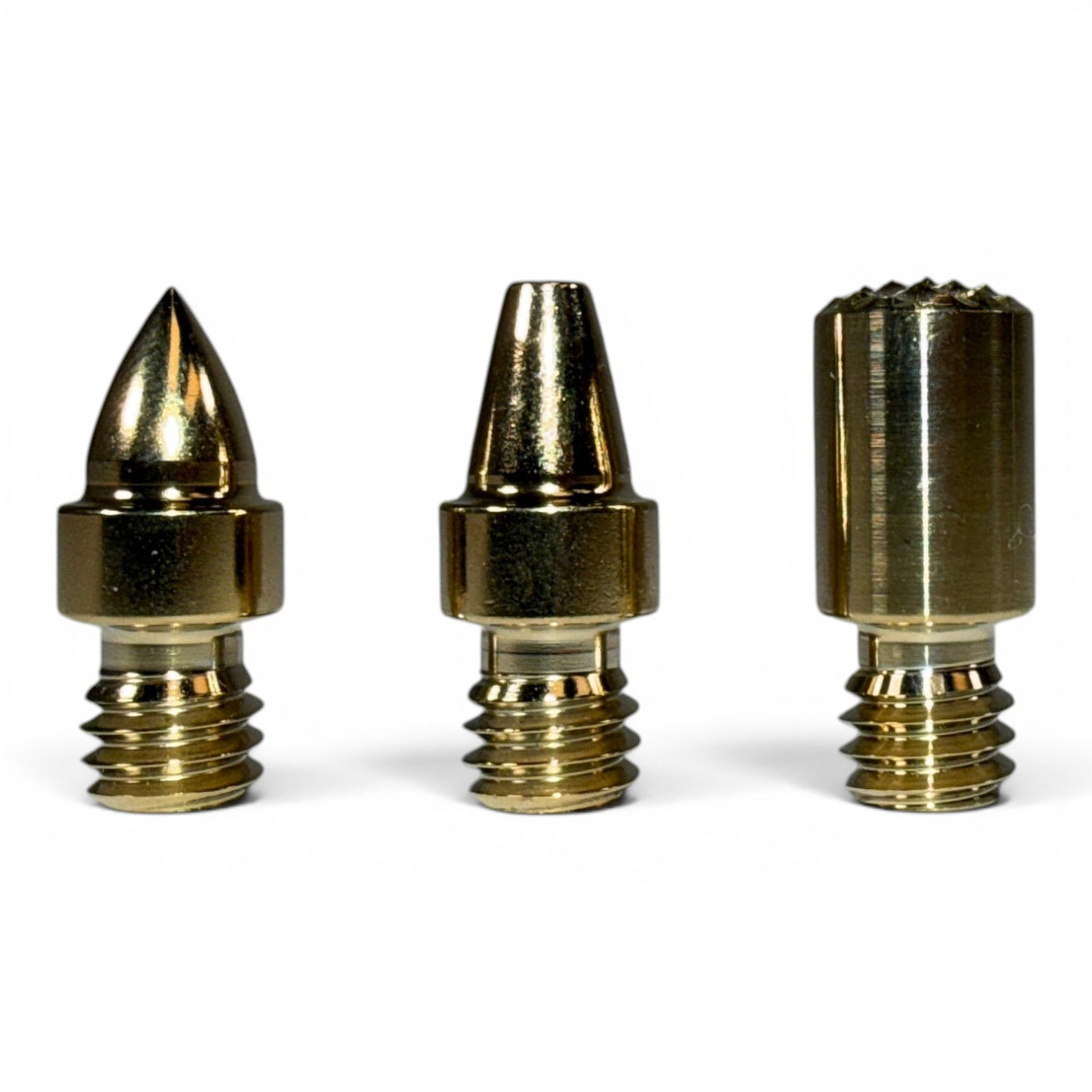 Anson PDR set of three gold metal PDR tips: one sharp point, one blunt cone, and one ridged cylinder. 3/8 inch diameter with 5/16-18 thread.