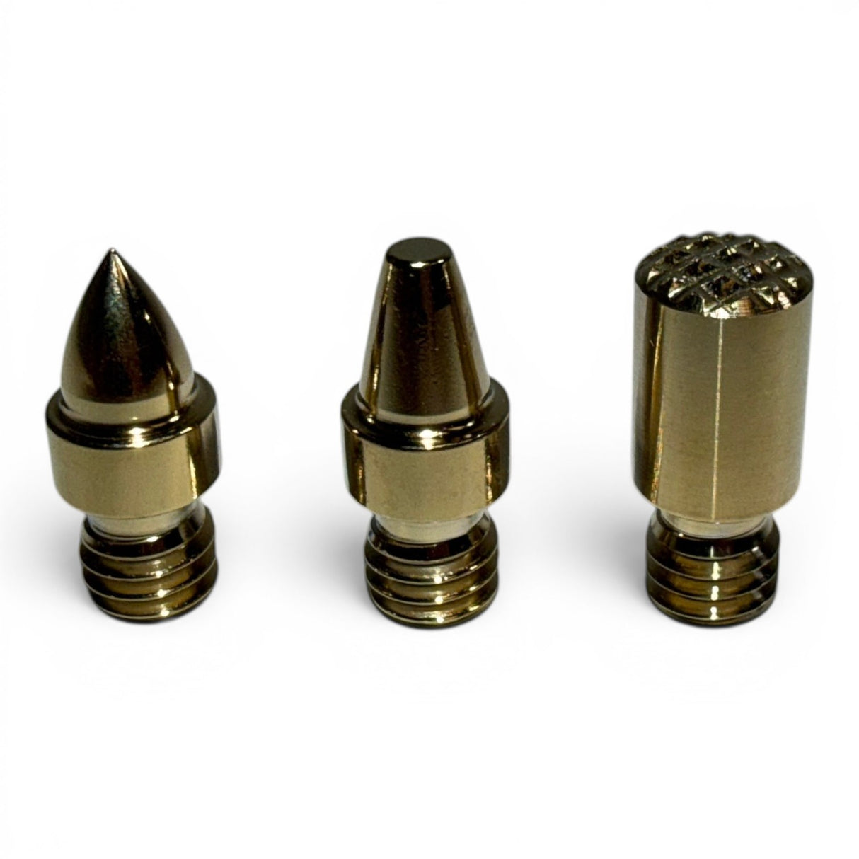 Anson PDR set of 3 gold metal PDR tips: sharp point, blunt cone, and textured cylinder. 3/8 inch diameter with standard thread.