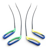 Anson PDR 4-piece set of 5/16 inch diameter fixed handle PDR tools with arched brace tips. Two tools have green and blue handles, two have yellow and blue handles.