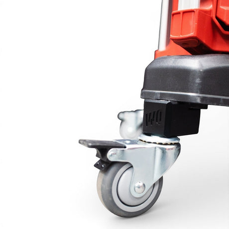 WQ Glideator caster upgrade kit with dual-locking grey wheels and black mounting blocks attached to a red tool case.
