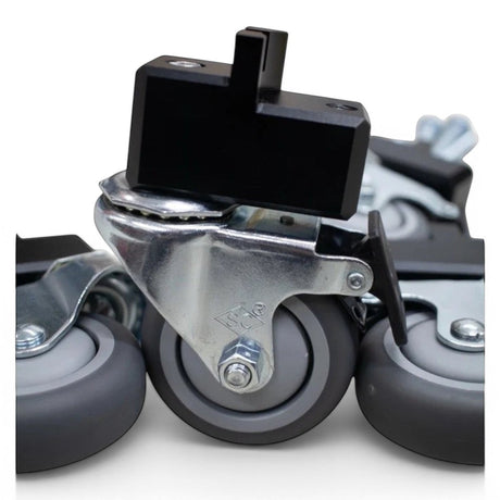Willey Quick Glideator Caster Upgrade Kit for Milwaukee Packout, featuring heavy-duty grey rubber wheels and black mounting blocks.