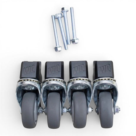 WQ Willey Quick Packout Glideator Caster Upgrade Kit with four grey rubber casters and four silver bolts on a white background.