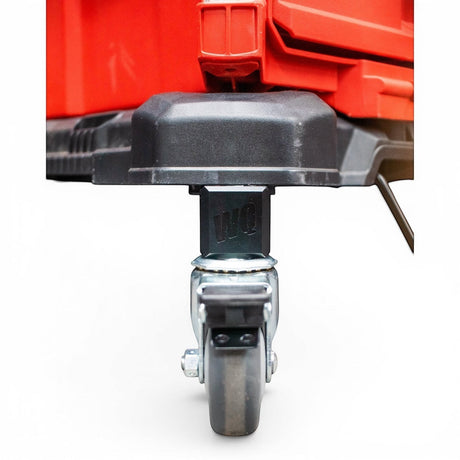 Willey Quick Packout Glideator castor upgrade kit with black mounting block and metal caster wheel.