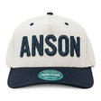 Anson PDR America 250th edition snapback hat in white with navy blue brim and puffy textured navy blue ANSON lettering.