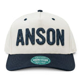 Anson PDR America 250th edition snapback hat in white with navy blue brim and puffy textured navy blue ANSON lettering.