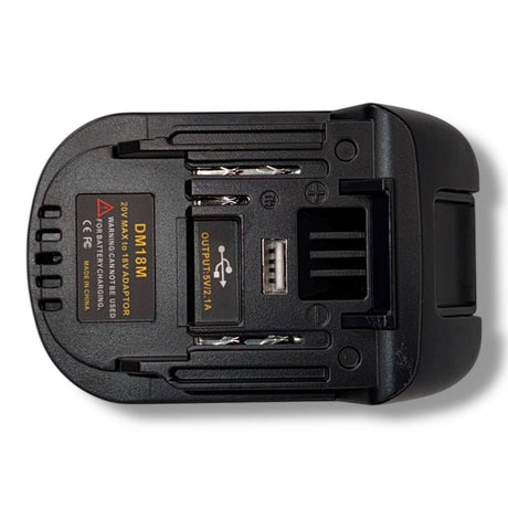 Anson PDR black plastic 20V MAX to 18V tool battery adapter with USB output for mobile devices. Adapts Makita to either Milwaukee or Dewalt