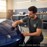 Man wearing a charcoal grey Anson PDR triblend crew neck t-shirt while performing precision car dent repair