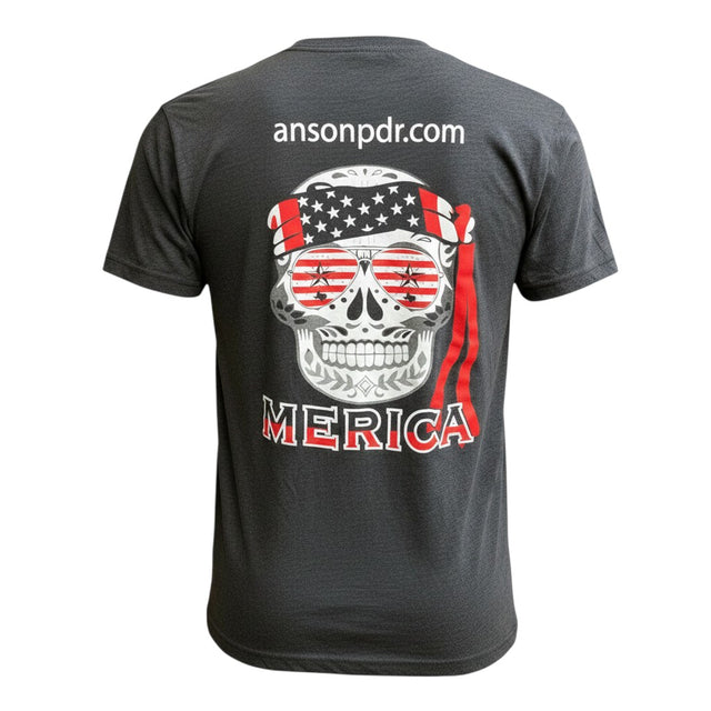 Back view of Anson PDR charcoal grey triblend crew neck t-shirt featuring a skull graphic with American flag bandana