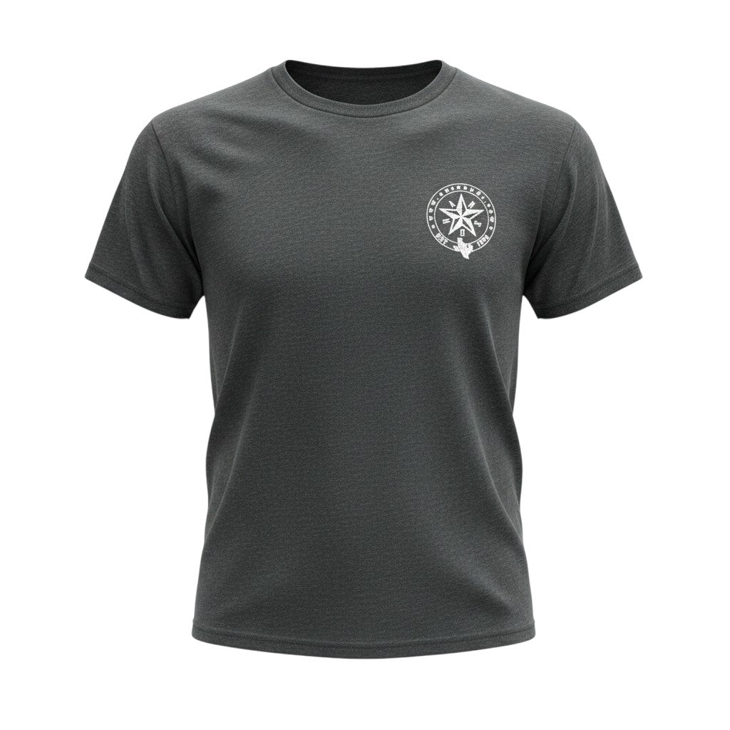 Anson PDR charcoal grey triblend crew neck t-shirt with a white circular star logo on the left chest.