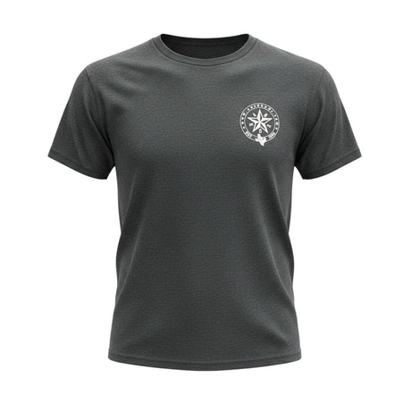 Anson PDR charcoal grey triblend crew neck t-shirt with a white circular star logo on the left chest.