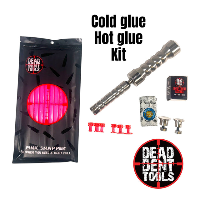 Anson PDR Dead Dent Tools cold and hot glue PDR kit with slide hammer, glue sticks, putty, and assorted pulling tabs.