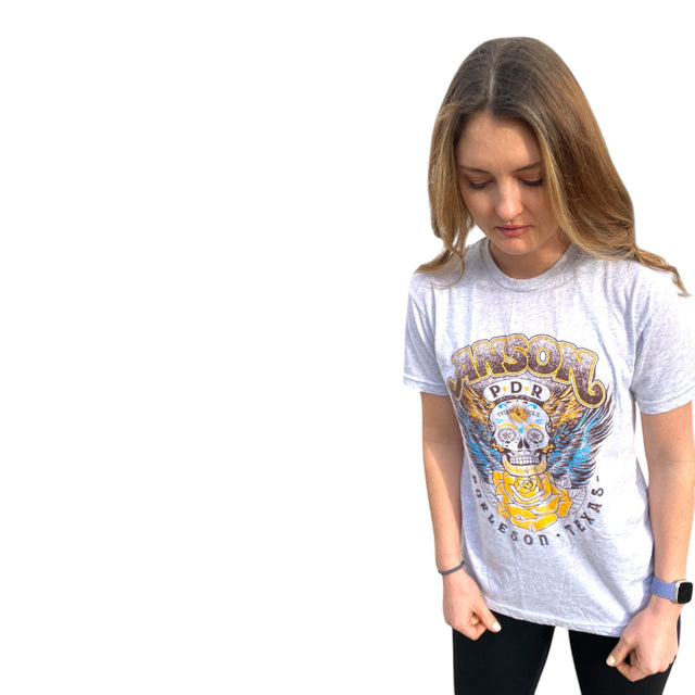 Anson PDR grey blended soft touch concert t-shirt with skull, wings, and rose graphic.