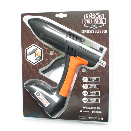 Anson Collision cordless glue gun in black and orange with dual temperature settings and Ryobi battery compatibility.