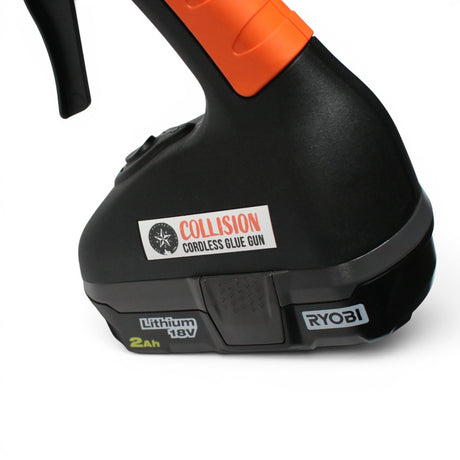 Anson PDR cordless collision glue gun with Ryobi 18V battery, dual temperature settings, and orange accents.
