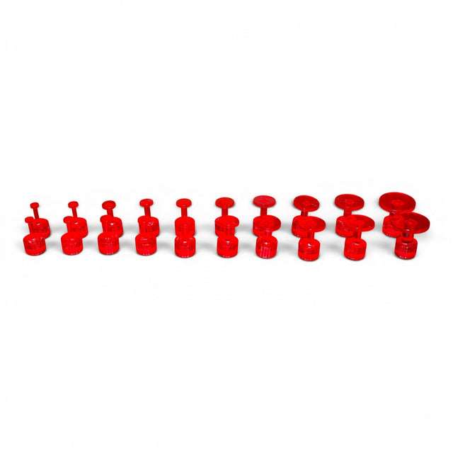 Anson PDR Dead on Dead Center red PDR glue tabs in various sizes for precise paintless dent repair finishing