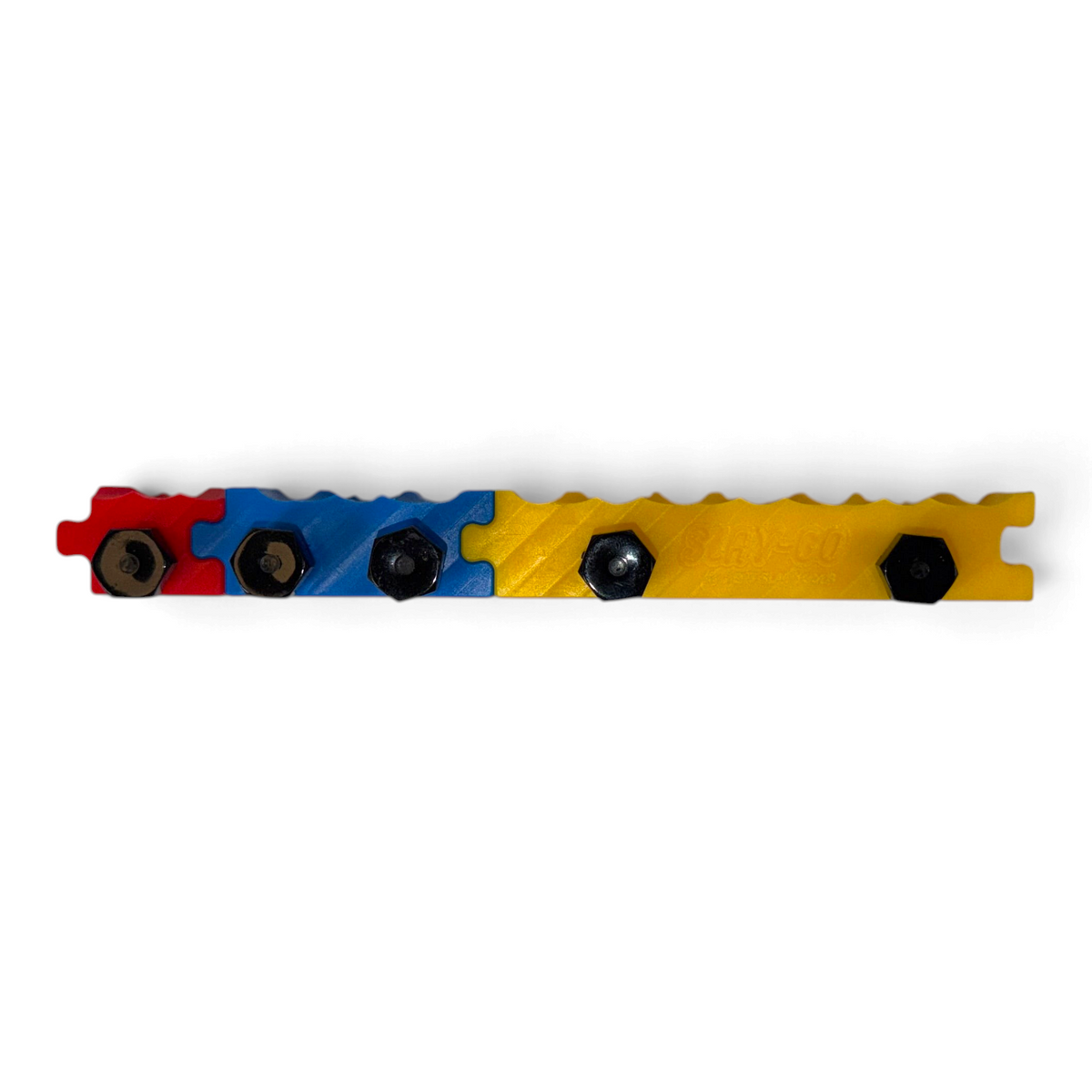 Anson PDR Dent Slayer Slay-Go modular leverage block with red, blue, and yellow segments and black locking screws.