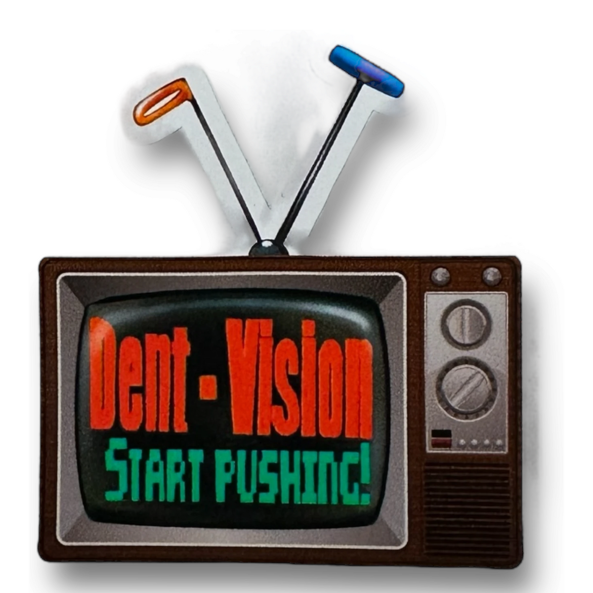 Anson PDR Dent Vision ShockBlocker knockdown tools displayed behind a vintage television graphic with Start Pushing text
