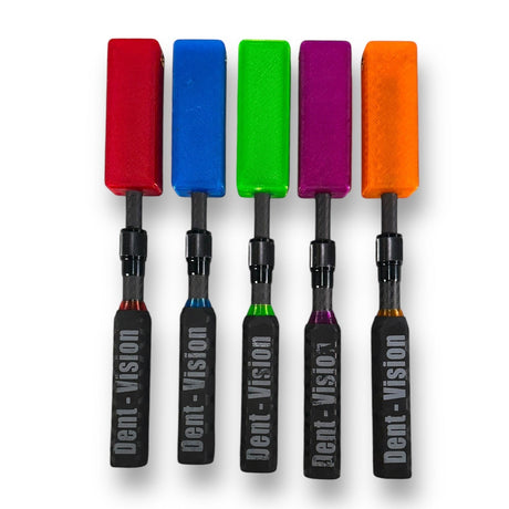 Anson PDR Dent Vision Dent Zapper Paddle EXT tools in red, blue, green, purple, and orange with carbon fiber shafts.
