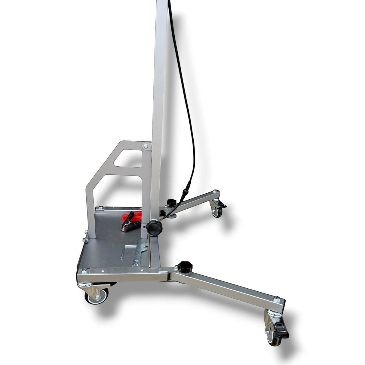 Anson PDR Econo PDR Light Stand, silver aluminum, adjustable height, with wheels and battery tray.