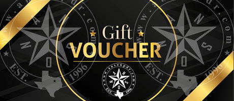 Anson PDR electronic gift voucher with gold lettering on a black background featuring a compass rose and Texas outline.