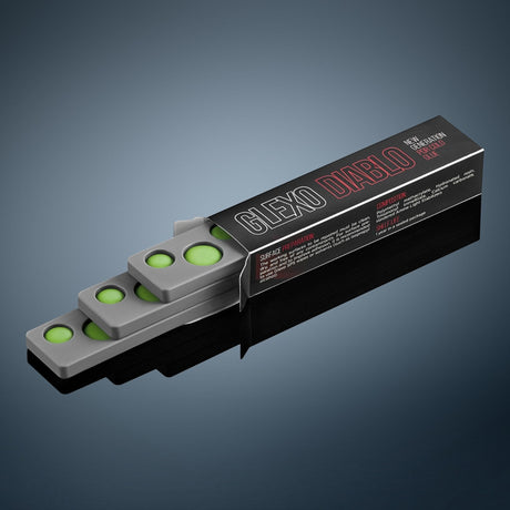 Anson PDR Glexo Diablo cold glue strips in grey silicone trays with green adhesive circles for paintless dent repair