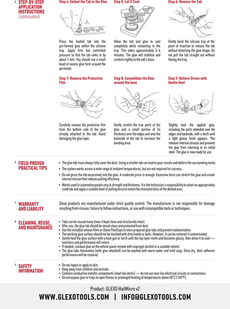 Anson PDR Glexo Hail Micro Kit v2 instructional guide showing step-by-step cold glue application and maintenance tips.