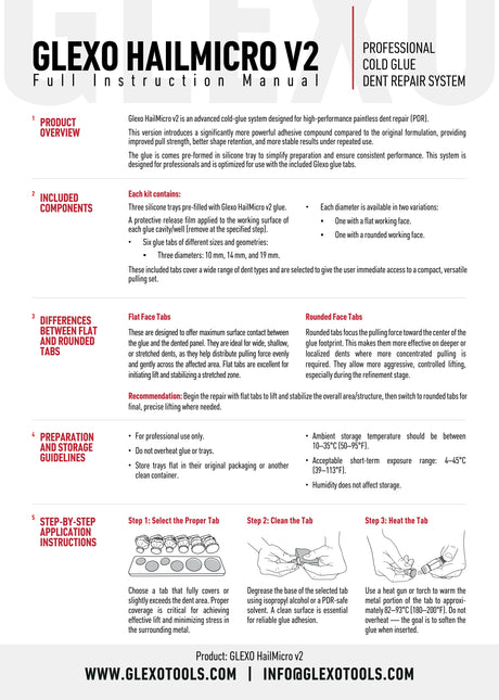 Anson PDR Glexo Hail Micro Kit v2 instruction manual detailing cold glue PDR tab usage and application guidelines.
