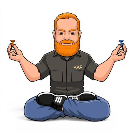Anson PDR cartoon man with orange beard meditating, holding a glue tab in each hand.