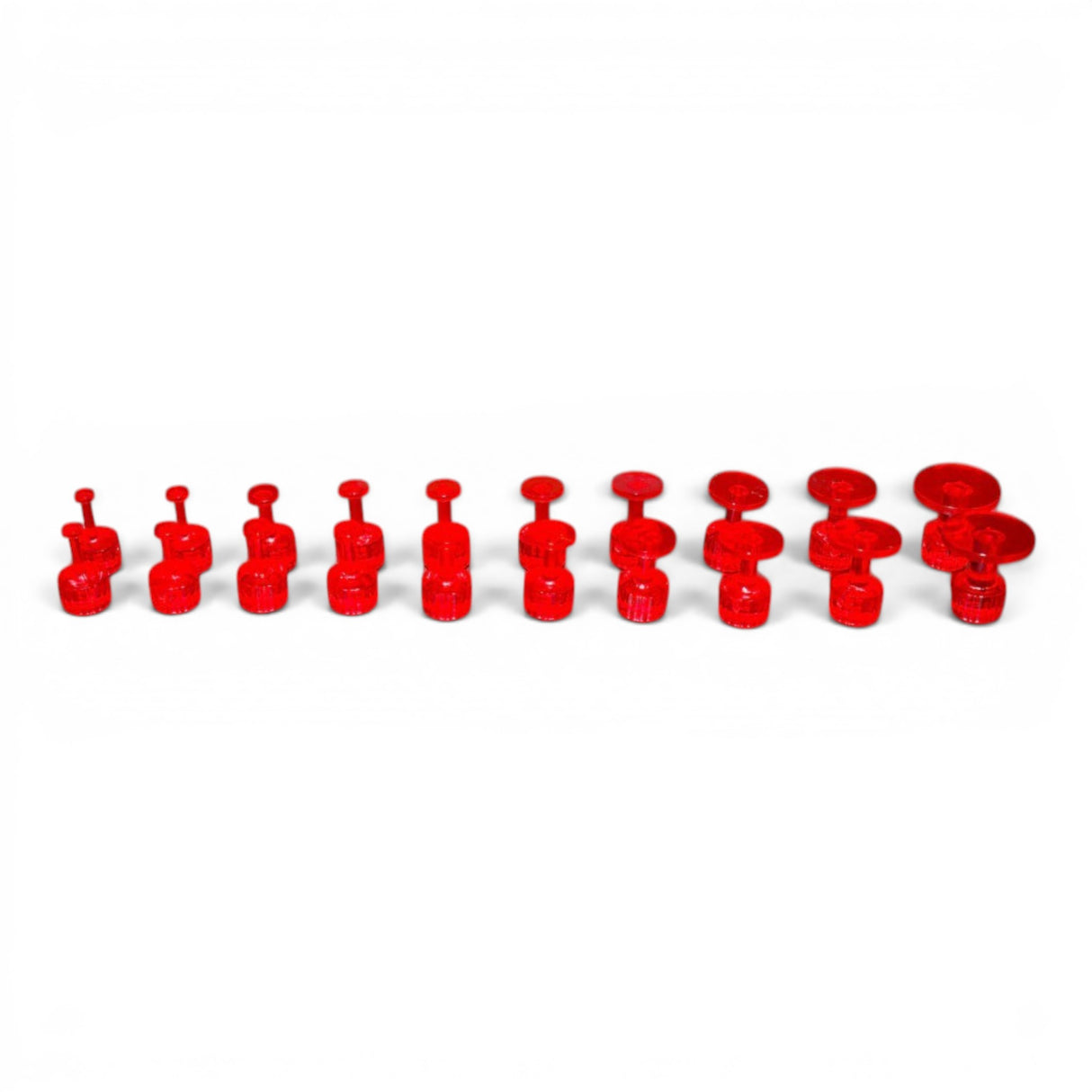 Anson PDR red plastic glue pulling tabs in various sizes and shapes for paintless dent repair.