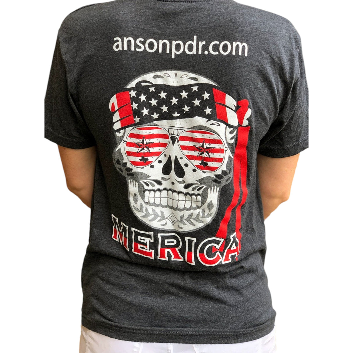 Anson PDR charcoal grey triblend crew neck t-shirt featuring a back graphic of a skull with American flag bandana