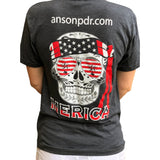 Anson PDR charcoal grey triblend crew neck t-shirt featuring a back graphic of a skull with American flag bandana