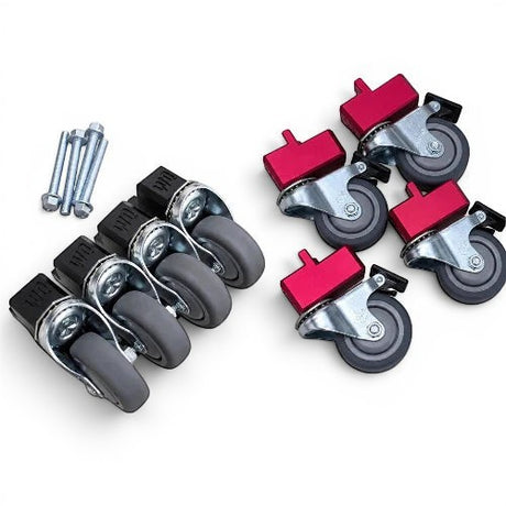 Anson PDR WQ Packout Glideator caster upgrade kit with heavy-duty grey wheels and red and black mounting blocks.